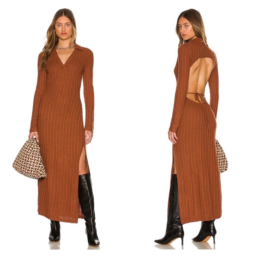 NWT L'Academie Revolve Arina Brown Maxi Sweater Dress Large Knit Open Back